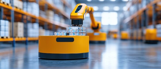Autonomous robot in a warehouse with shelves of products, modern logistics solution.