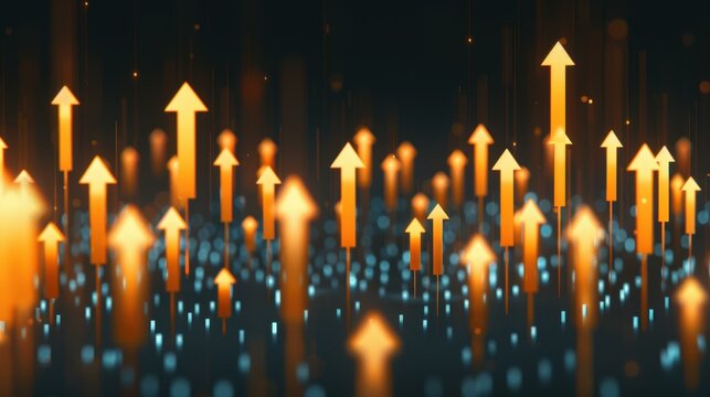 Visualize financial success with a striking stock market display, featuring upward arrows against a sleek dark backdrop.