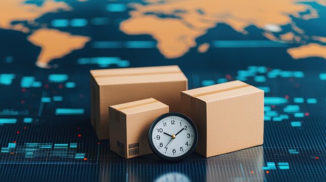 Boxes and clock on digital world map background, symbolizing logistics and time management.