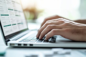 Hands typing on a laptop keyboard with a blurred screen in a bright workspace.