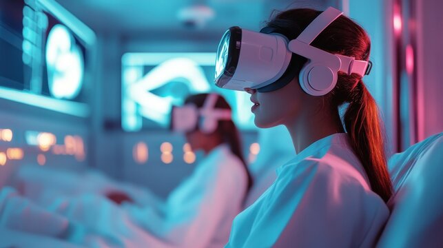 Two women wearing VR headsets in a futuristic laboratory setting, highlighting cutting-edge virtual reality technology used in scientific research or medical simulations.
