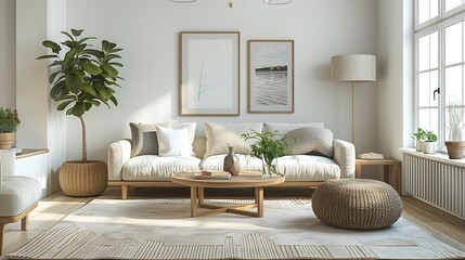 A serene living room with a Scandinavian design, featuring light wood furniture and soft textiles