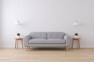 Interior of living minimal style with grey sofa and plant for products presentation or text for advertising.