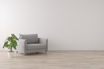 Interior of living minimal style with grey armchair and plant, Empty space for products presentation or text for advertising.