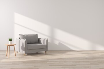 Interior of living minimal style with grey armchair and plant, Empty space for products...