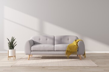 Interior of living minimal style with grey sofa and plant for products presentation or text for...
