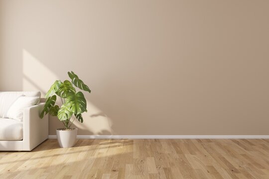 Interior of living minimal style with white sofa and plant, Empty space for products presentation or text for advertising.