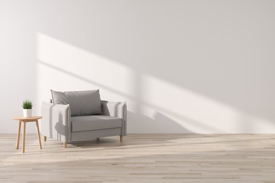 Interior of living minimal style with grey armchair and plant, Empty space for products presentation or text for advertising.