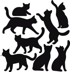 a collection of  hand drowning Flat design cats silhouette set