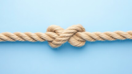 Fototapeta premium A closeup view of a strong knotted rope connection against a blue backdrop, showcasing unity and strength.