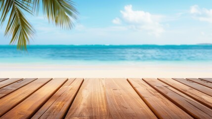 Enjoy a serene view of the sea from the wood table, perfect for showcasing your products against a tropical backdrop.