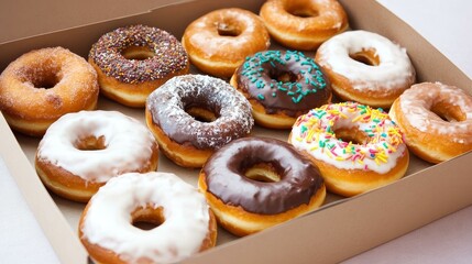 A tempting box of a dozen assorted donuts, perfect for sharing or indulging. Each one is a delight waiting to be savored.