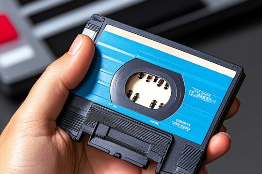 Realistic image of a person holding an old cassette tape, remembering the music and moments tied to it from the past