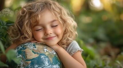 A young child lovingly hugs a model of planet Earth, symbolizing the importance of protecting the environment for future generations.