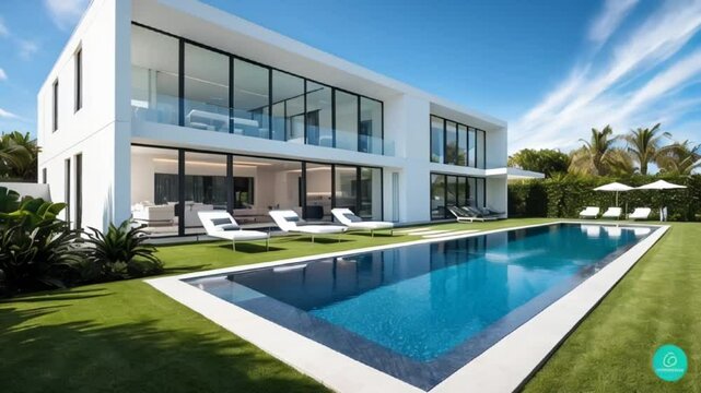 A large contemporary house featuring a pool in the front yard, A cutting-edge smart home with voice-activated controls, integrated security systems, and energy-efficient features