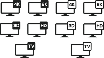 Screen or LCD or TV video resolution icon set. Monitor size symbol. HD, FHD, UHD, 4K, 8K screen and TV quality. Vector illustration.