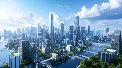 Stunning Cityscape with Futuristic Inventions and Waterways