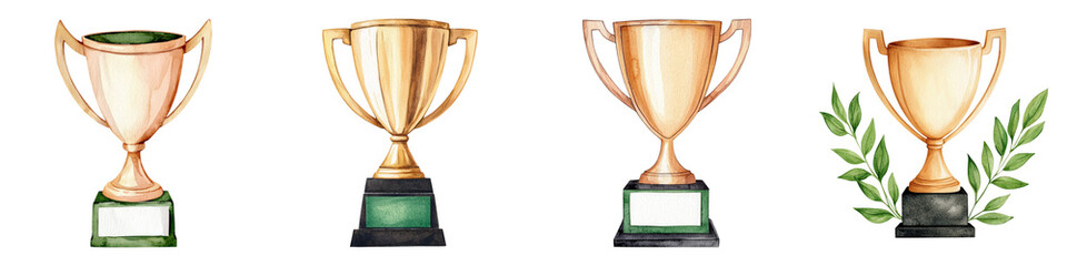 A series of four golden trophies on a black background, symbolizing achievement, success, and recognition in various competitions.