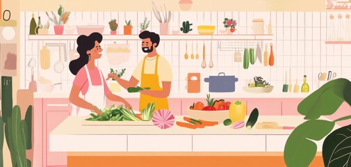 Couple cooking together in a colorful kitchen with fresh vegetables and herbs.