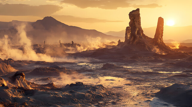 Unique geothermal formations and steaming vents create an alienlike scene in the dallol depression at sunrise. Ethiopian Highlands. Illustration