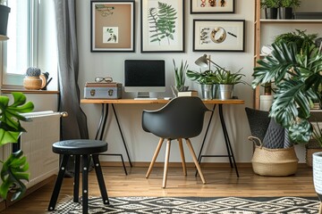 Modern solid wood and metal desk with light gray frame and white legs, featuring a natural oak tabletop, complemented by a black stool in a warm and inviting workspace.
