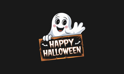 Two playful ghosts holding a sign and broom, saying Boo in a Halloween themed scene.