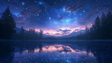 Fototapeta premium Serene Lake under a Starry Sky at Dusk