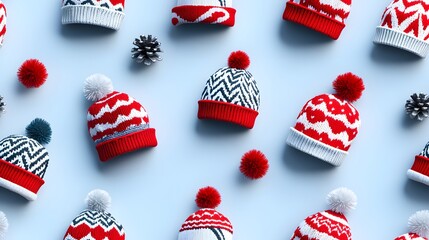 Obraz premium Winter Hats Pattern with Pine Cones