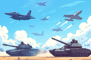 Fototapeta premium Military vehicles and aircraft in a dynamic, action-packed scene.
