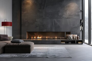 Contemporary wall gas fire with black closed frame and central rectangular flames, set against a white wall in a modern living room with a dark brown sofa.