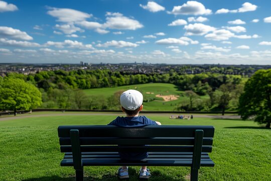 Realistic image of a person sitting on a park bench, remembering the days when they played there as a child