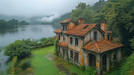 Fototapeta premium Abandoned houses in the ghost town of Aceredo are revealed as water recedes at Alto Lindoso Reservoir, exposing the ruins in Galicia, Spain.
