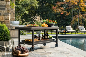 Outdoor grey steel frame bar cart with wheels and shelves, placed next to a pool in a patio setting for serving food and drinks.