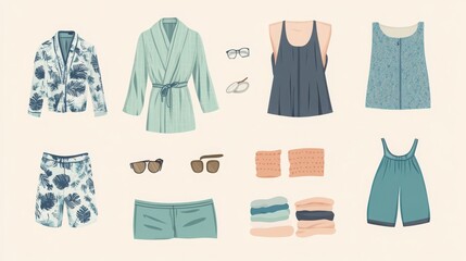 A creative vector illustration template that highlights an array of sleepwear items, including luxurious bathrobes, comfortable pajamas, stylish shorts, and casual tank tops. 