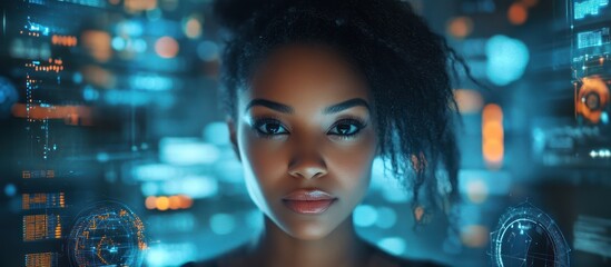 Naklejka premium A young woman with dark hair and brown eyes looks intensely at the camera with a futuristic blue and orange digital background.