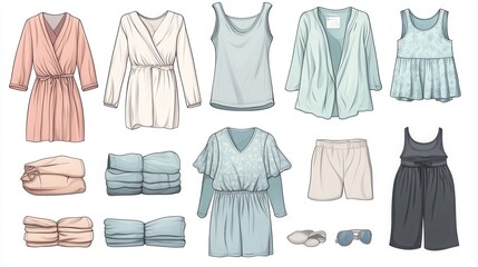 A detailed vector illustration template featuring a selection of sleepwear items such as bathrobes, pajamas, shorts, and tank tops. 