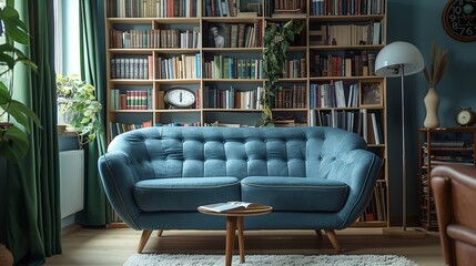 American-style blue fabric double-seat couch with wooden legs and buttons, set in a cozy living room with green curtains and soft lighting.