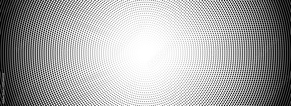 Poster halftone radial dotted background. square dots comic gradient texture. concentric fading gradation w