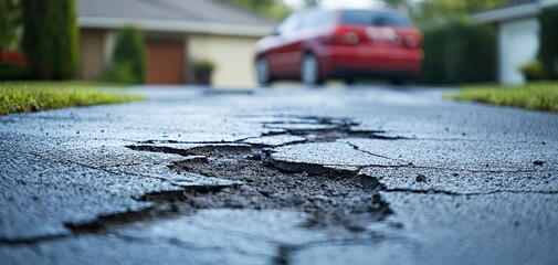 Cracked asphalt driveway with car in the background, focused detail on pavement damage.