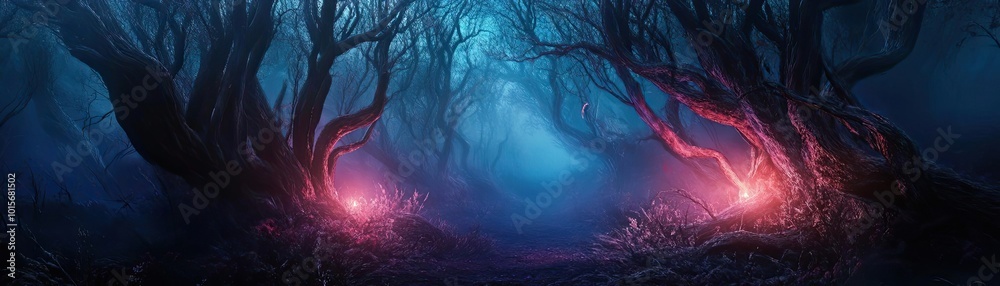 Aufkleber An enchanting forest scene illuminated by soft glowing lights, surrounded by mystical trees and enveloped in deep blue mist.