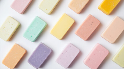 Fototapeta premium top down view, the image depicts colorful soaps placed on a white background