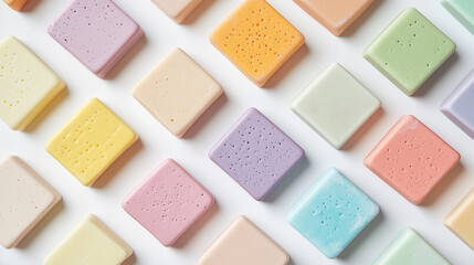 Fototapeta premium top down view, the image depicts colorful soaps placed on a white background