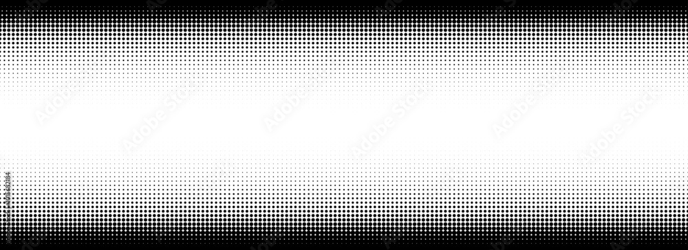 Poster Dotted halftone gradient texture. Vanishing polka dot background. Repeated dots gradation pattern. Black and white fading comic pop art backdrop. Horizontal halftone raster effect wallpaper. Vector