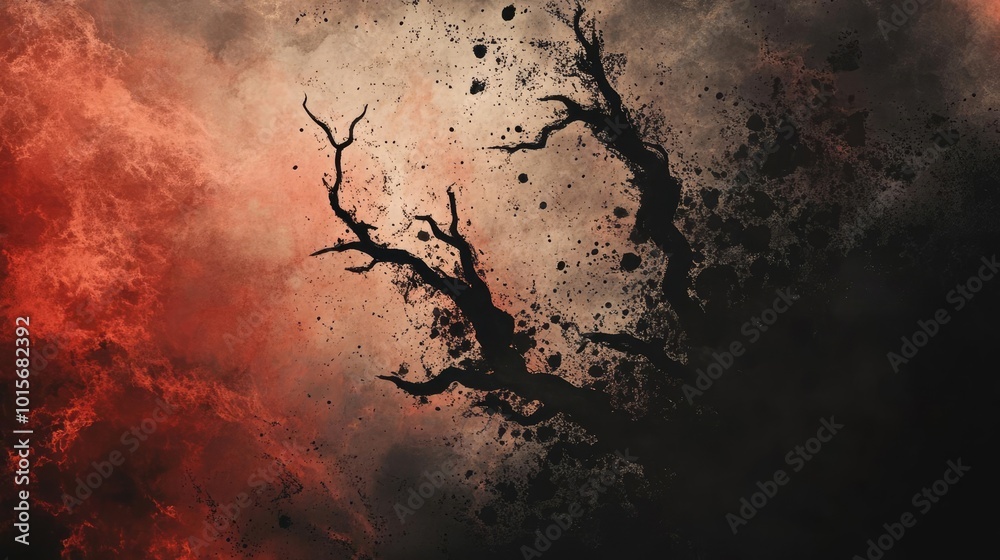 Poster a dramatic and mysterious scene with abstract branches emerging from a dark, swirling background of 