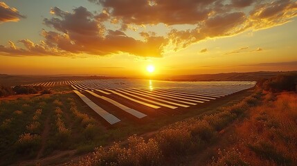 Fototapeta premium Aerial footage of a solar power plant highlights the growing use of renewable energy technology and its role in the fight against climate change.