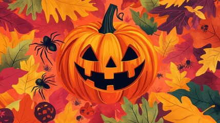 A Carved Jack-o'-Lantern Surrounded by Autumn Leaves and Spiders