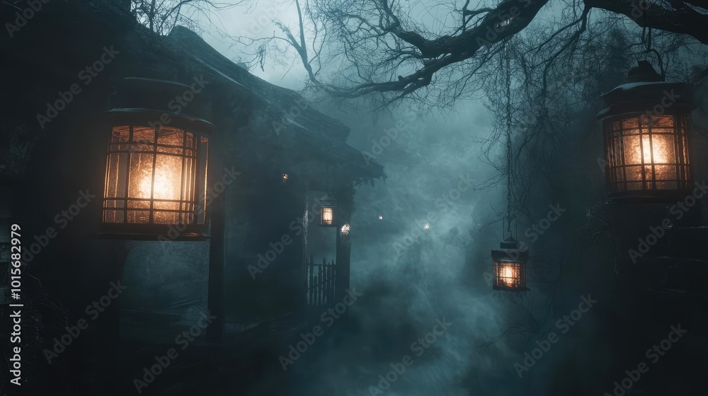 Poster A haunting mist envelops an eerie path lit by hanging lanterns, creating a mysterious and atmospheric scene at twilight.