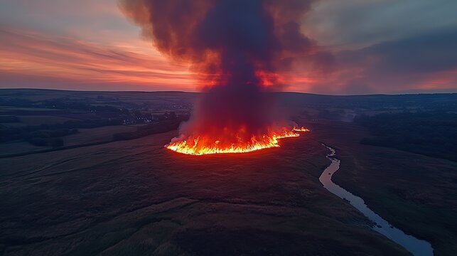 Aerial shot shows smoke and flames billowing from a large grassfire engulfing a moorland, causing widespread damage to the natural landscape.