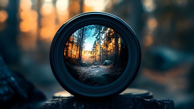 A close-up of a camera lens capturing a beautiful nature scene