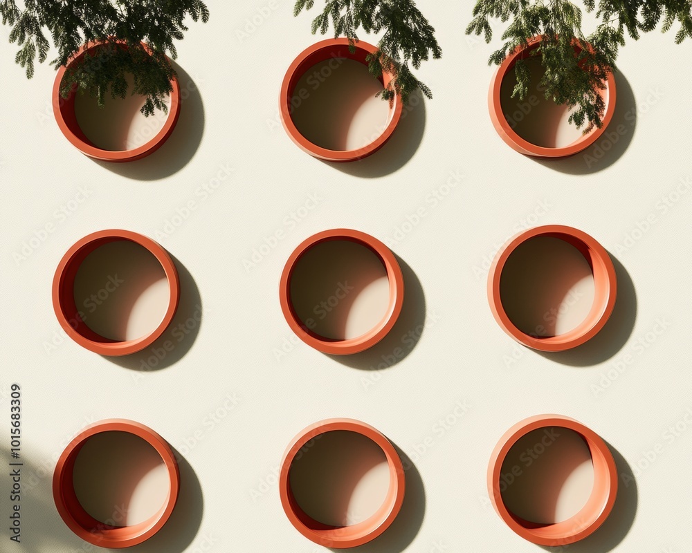 Poster Geometric Repetition of Red Circular Frames with Green Forest Reflections on Cream Background